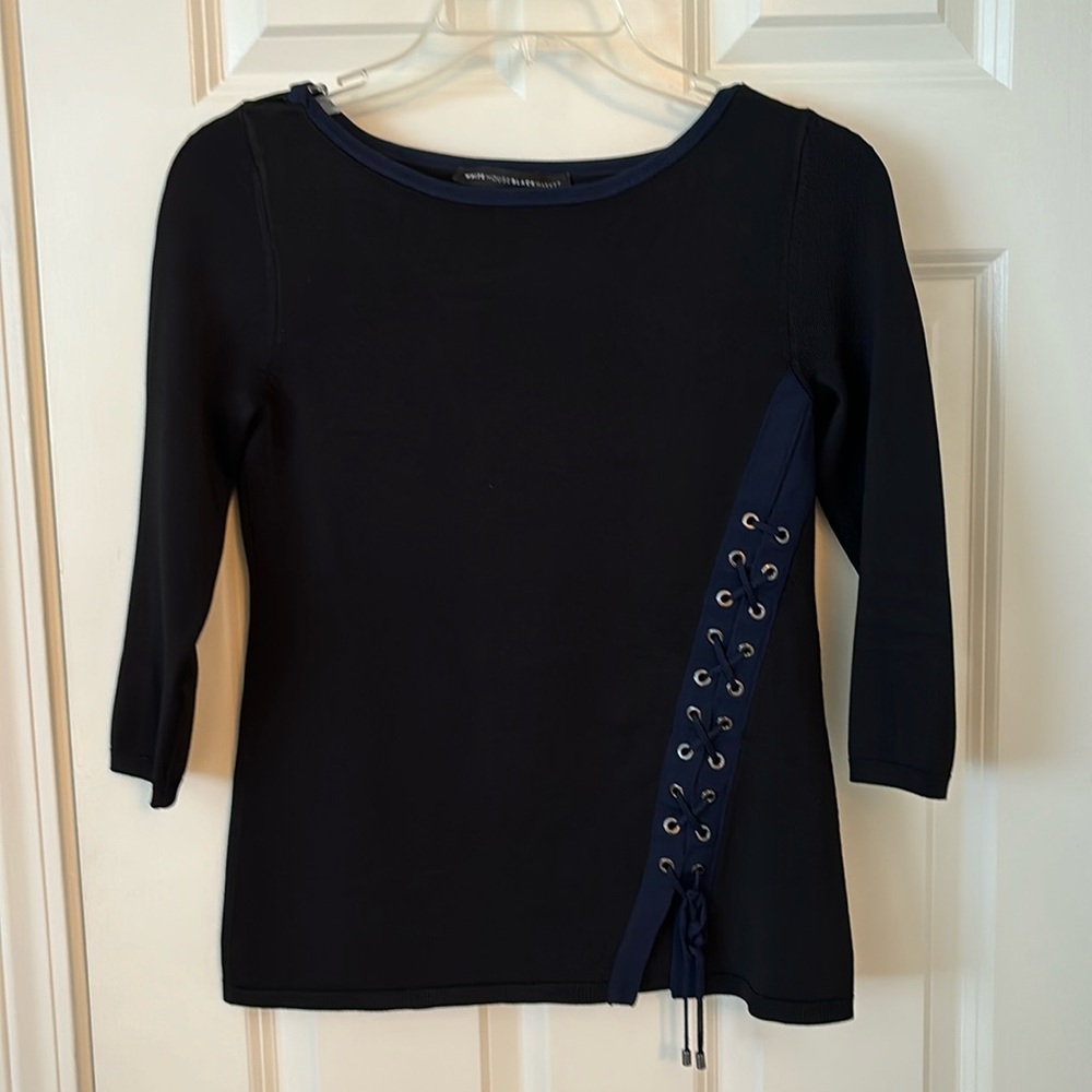Spring weight sweater; size xs; black with dark blue trim & lace up detail.